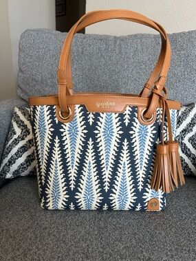 Spartina 449 Navy, Light Blue & Tan Patterned Canvas Tote with Tassel
